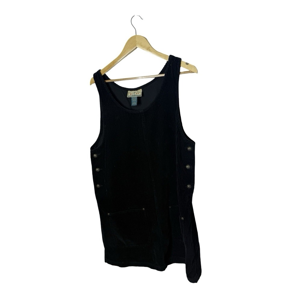 Vintage 90s Y2K EXP Express Corduroy Jumper Dress Black large Front Pockets